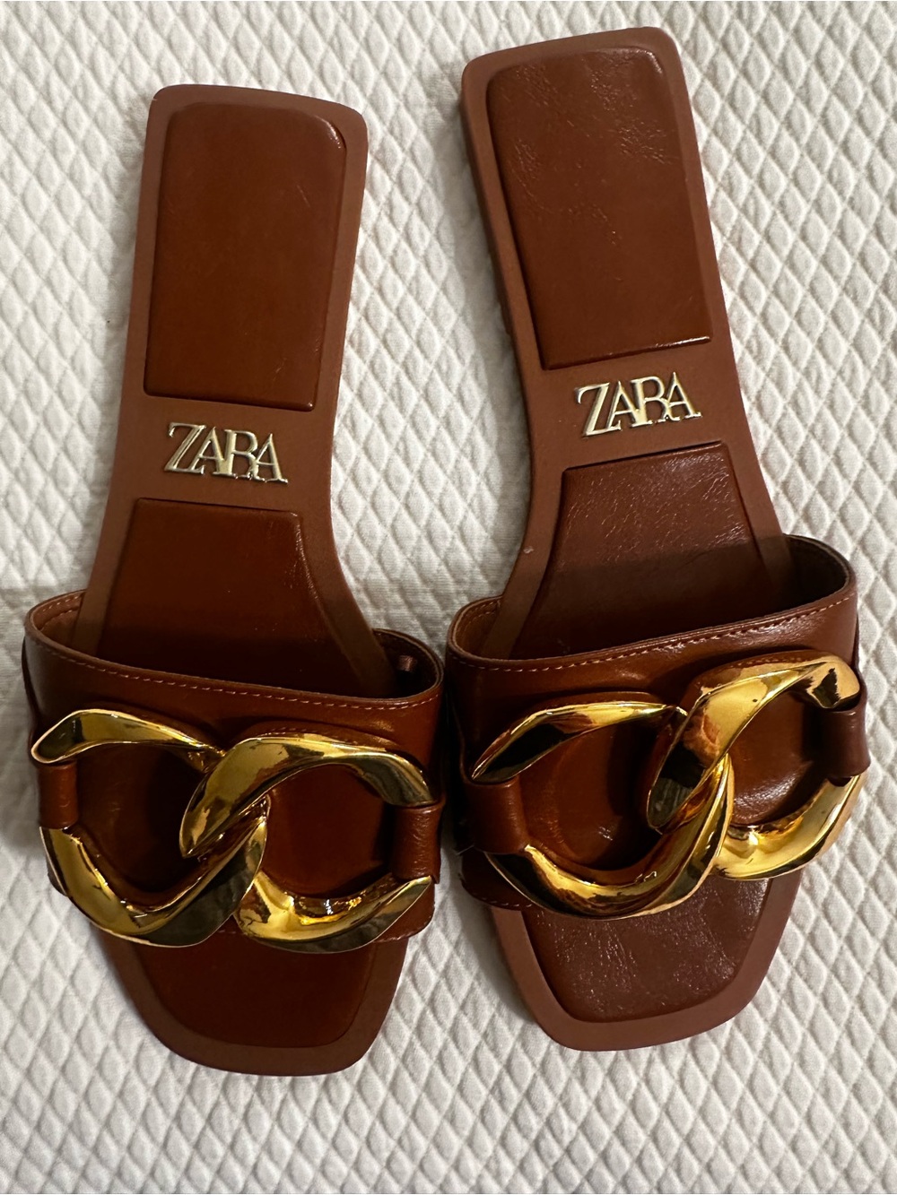 ZARA Tan Brown Slide Sandals with Gold Chain Accent
